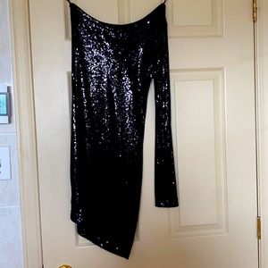 One sleeve black sequin dress